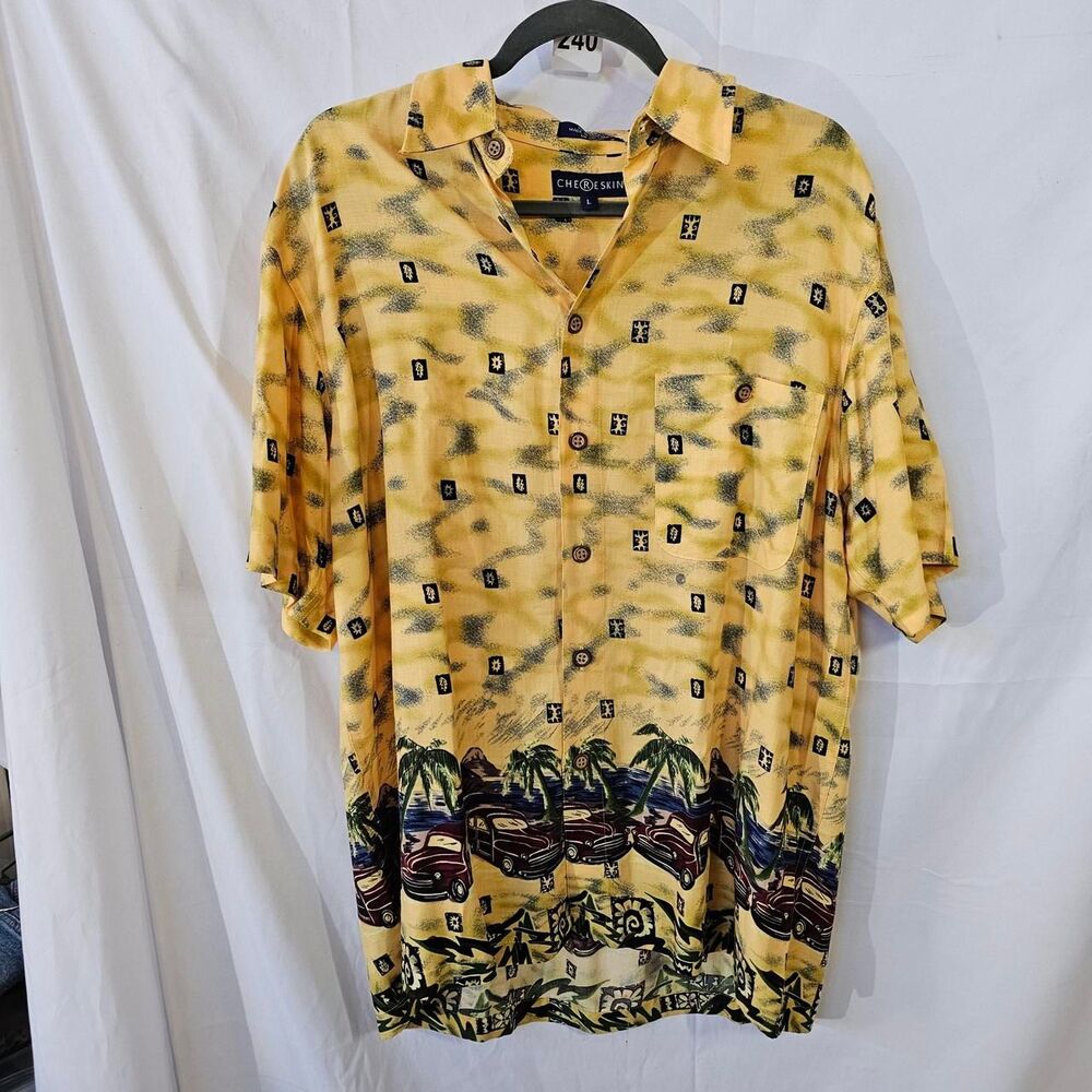 #0240 Chereskin Vintage Yellow Classic Cars Palm Trees Silk Hawaiian Shirt L